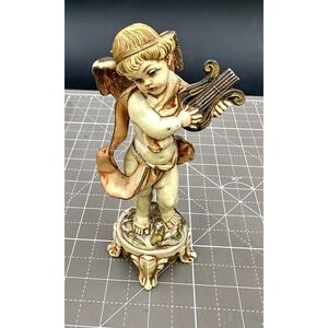 Vintage Christmas Cherub Cupid Playing Harp Figurine signed Depose Italy 6"
